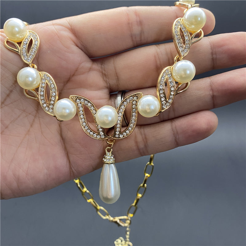 PrimeSet - Crystal Diamond Pearl Necklace and Earring Set